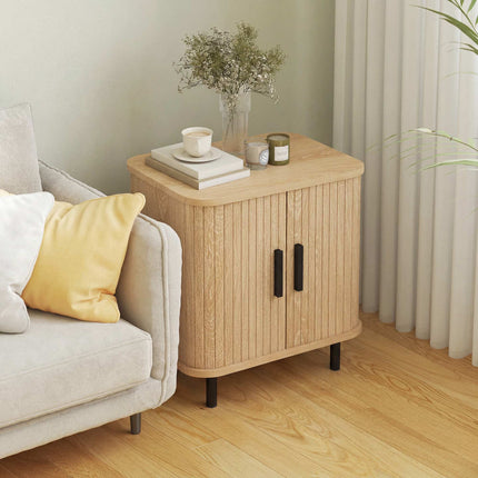 Nightstand With Sliding Slatted Doors, Steel Legs, Oak