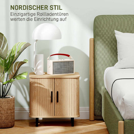 Nightstand With Sliding Slatted Doors, Steel Legs, Oak