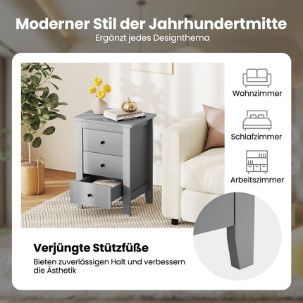 Nightstand with 3 Drawers, Large Storage, Grey