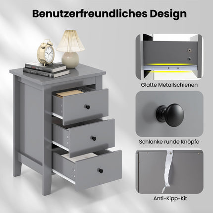 Nightstand with 3 Drawers, Large Storage, Grey