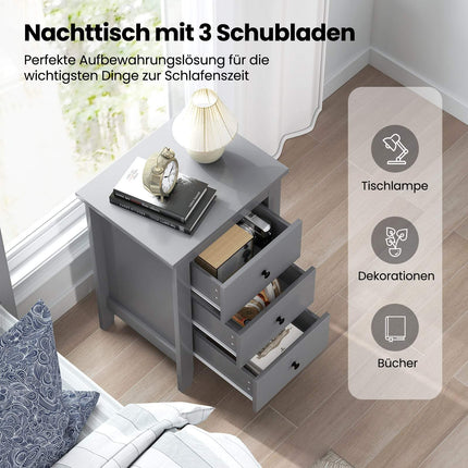 Nightstand with 3 Drawers, Large Storage, Grey
