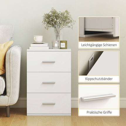 Nightstand with 3 Drawers, MDF, White, 40x35x60 cm