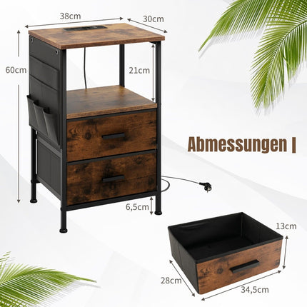 Nightstand with Charging Station, 2 Drawers, 6 Side Pockets