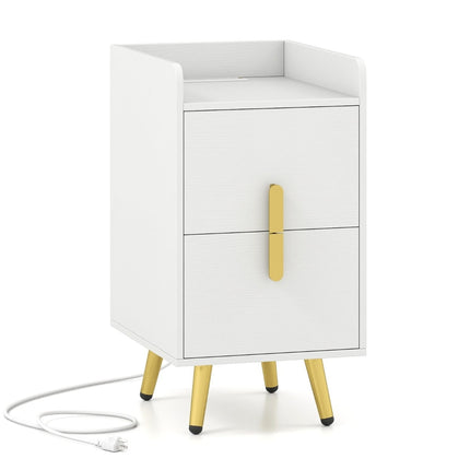 Nightstand with Charging Station, 2 Drawers, Metal Legs, White