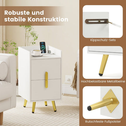 Nightstand with Charging Station, 2 Drawers, Metal Legs, White
