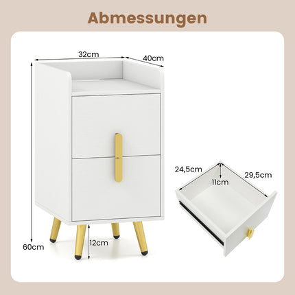 Nightstand with Charging Station, 2 Drawers, Metal Legs, White