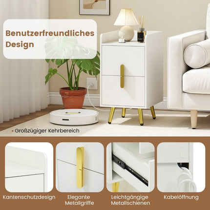 Nightstand with Charging Station, 2 Drawers, Metal Legs, White