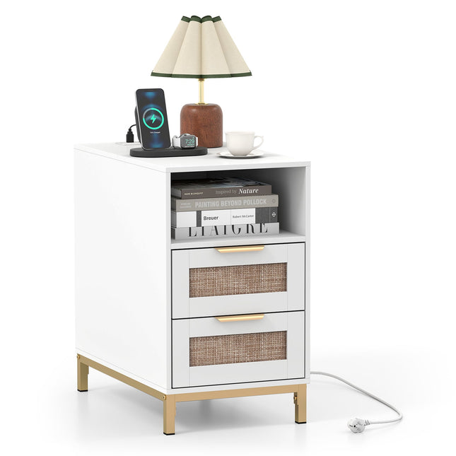 Nightstand with Charging Station & 2 Drawers, Rattan & Wood