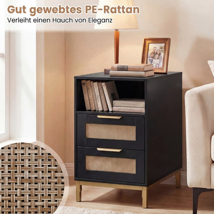 Nightstand with Charging Station, 2 Drawers, Rattan & Wood