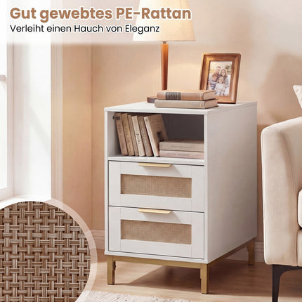 Nightstand with Charging Station & 2 Drawers, Rattan & Wood