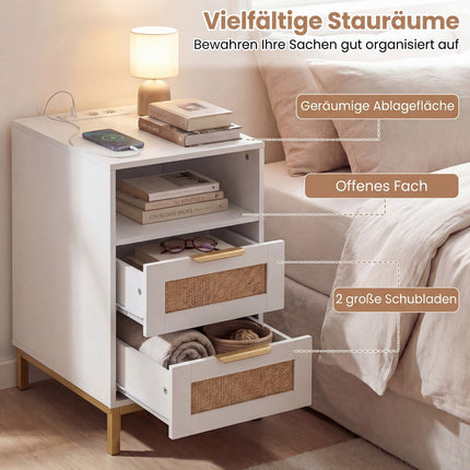 Nightstand with Charging Station & 2 Drawers, Rattan & Wood