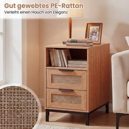 Nightstand with Charging Station & 2 Drawers, Rattan & Wood