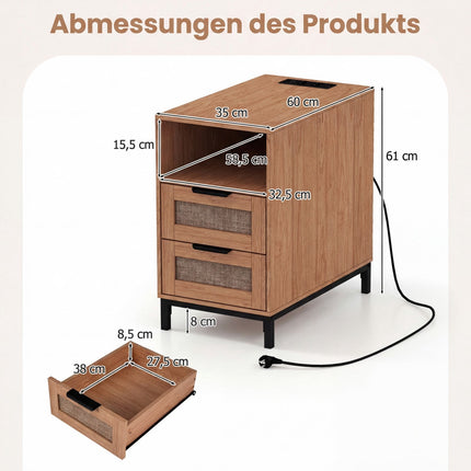 Nightstand with Charging Station & 2 Drawers, Rattan & Wood