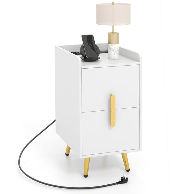 Nightstand with Charging Station, 2 Drawers, USB Ports, White