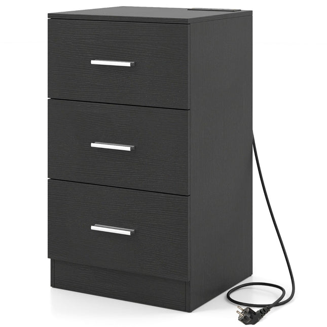 Nightstand with Charging Station, 3 Drawers, Black