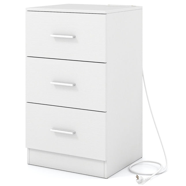 Nightstand with Charging Station, 3 Drawers, White, 38x35x66 cm