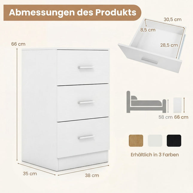 Nightstand with Charging Station, 3 Drawers, White, 38x35x66 cm