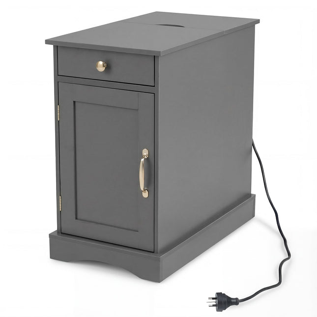 Nightstand with Charging Station, Adjustable Shelf, Gray Wood