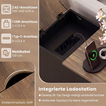 Nightstand with Charging Station, Drawer, Foldable Top, Black