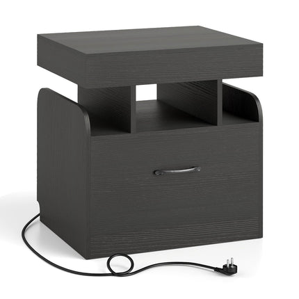 Nightstand with Charging Station, Drawer & Open Shelves, Black