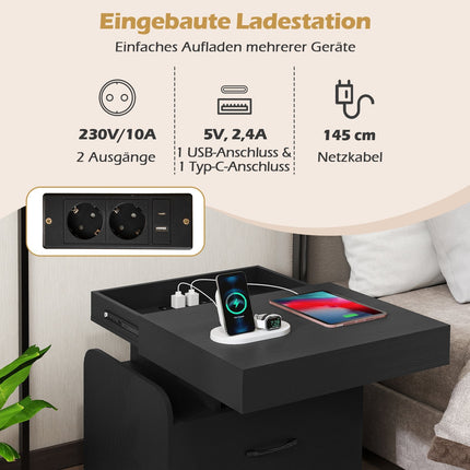 Nightstand with Charging Station, Drawer & Open Shelves, Black
