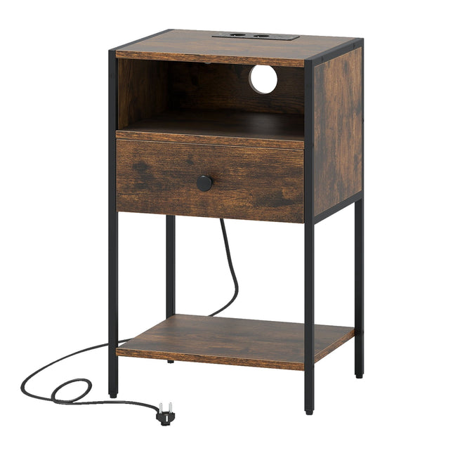 Nightstand with Charging Station, Drawer & Shelf, Rustic Brown