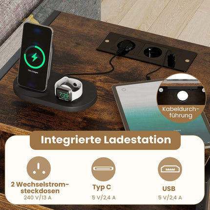 Nightstand with Charging Station, Drawer & Shelf, Rustic Brown