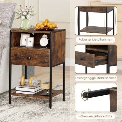 Nightstand with Charging Station, Drawer & Shelf, Rustic Brown
