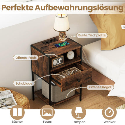 Nightstand with Charging Station, Drawer & Shelf, Rustic Brown