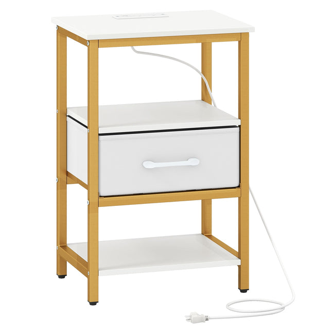 Nightstand with Charging Station, Fabric Drawer, Open Shelves