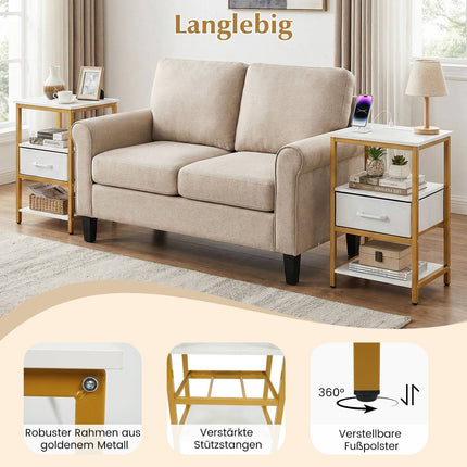Nightstand with Charging Station, Fabric Drawer, Open Shelves