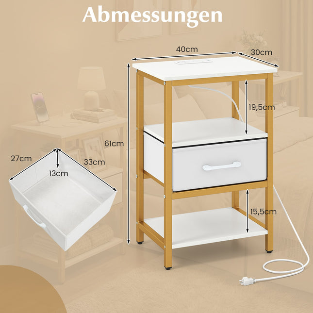 Nightstand with Charging Station, Fabric Drawer, Open Shelves
