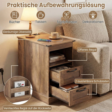 Nightstand with Charging Station, Open Shelf & 2 Drawers