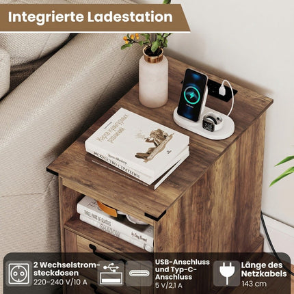 Nightstand with Charging Station, Open Shelf & 2 Drawers