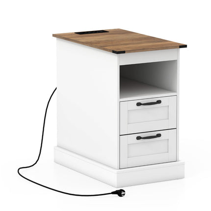 Nightstand with Charging Station, White, 2 Drawers & Shelf