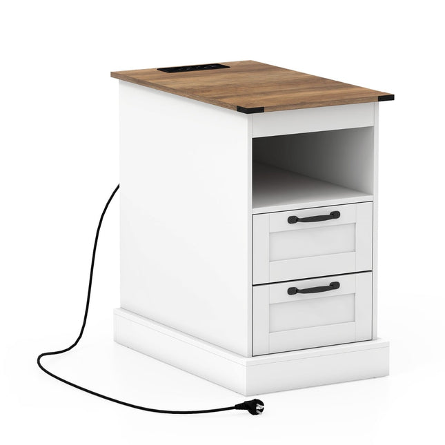Nightstand with Charging Station, White, 2 Drawers & Shelf