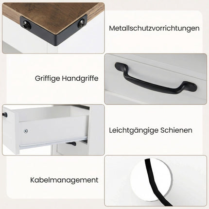 Nightstand with Charging Station, White, 2 Drawers & Shelf