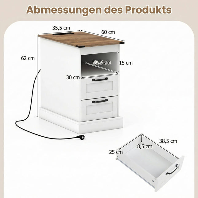 Nightstand with Charging Station, White, 2 Drawers & Shelf