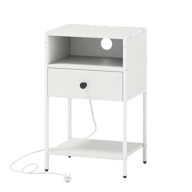 Nightstand with Charging Station – White, Compact, Industrial Style