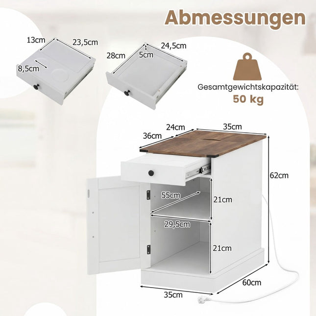 Nightstand with Charging Station and Foldable Top, White