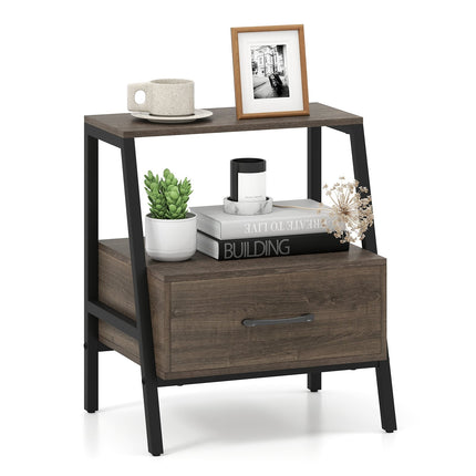 Nightstand with Drawer and Shelf, Metal Frame, 45x35x52.5 cm
