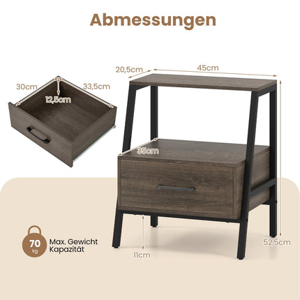 Nightstand with Drawer and Shelf, Metal Frame, 45x35x52.5 cm