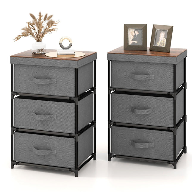 Nightstand with Fabric Drawers, Metal Frame, 2-Pack, Grey