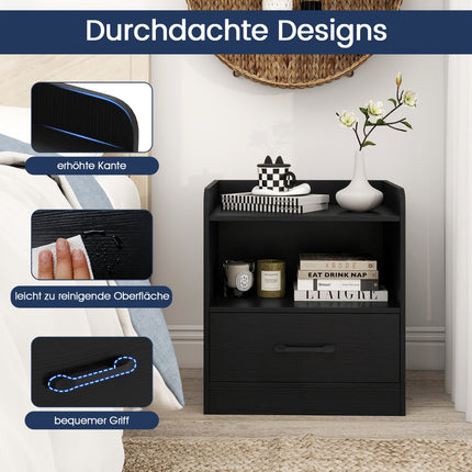 Nightstand with LED Lighting, Open Shelf & Drawer