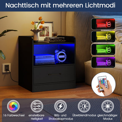 Nightstand with LED Lighting, Open Shelf & Drawer