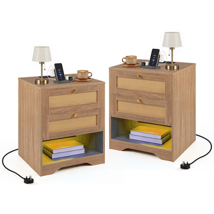 Nightstand with LED Lights & Charging Station, 2 Drawers
