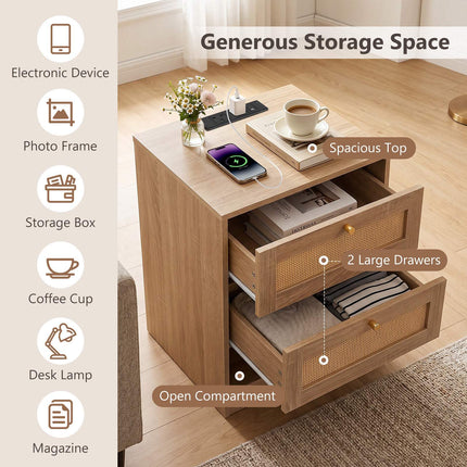 Nightstand with LED Lights & Charging Station, 2 Drawers