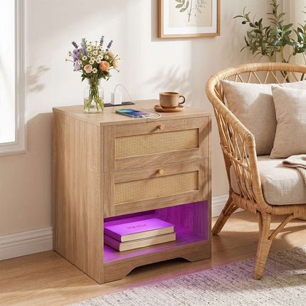 Nightstand with LED Lights & Charging Station, 2 Drawers