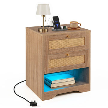 Nightstand with LED Lights & Charging Station, 2 Drawers