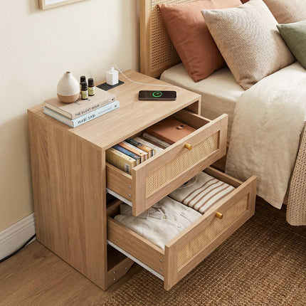 Nightstand with LED Lights & Charging Station, 2 Drawers